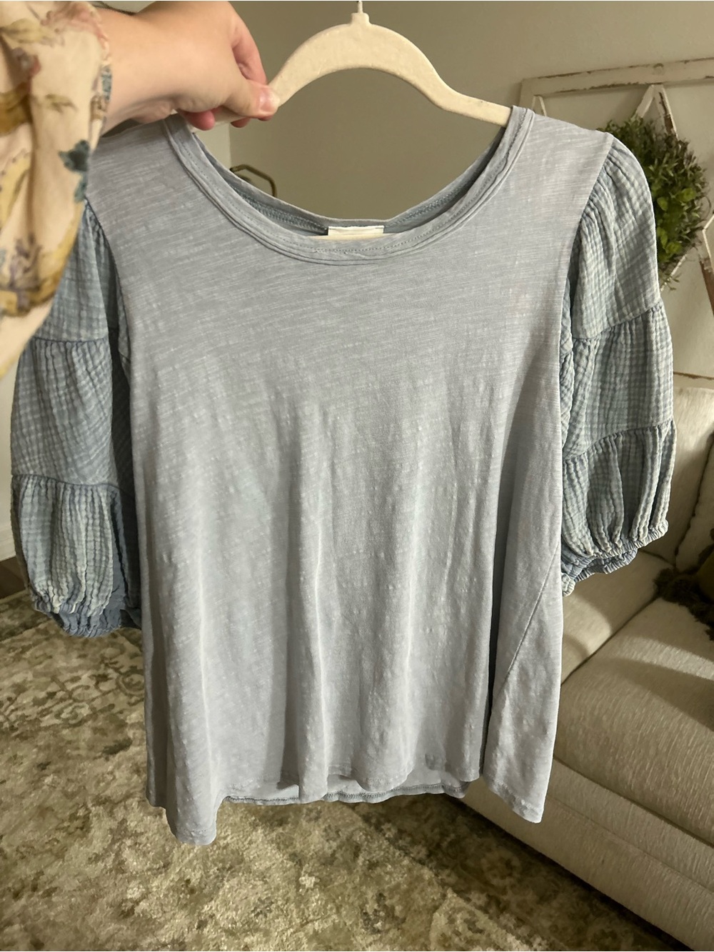 Women's Sky Blue Short Sleeve Puff-Sleeve Tee